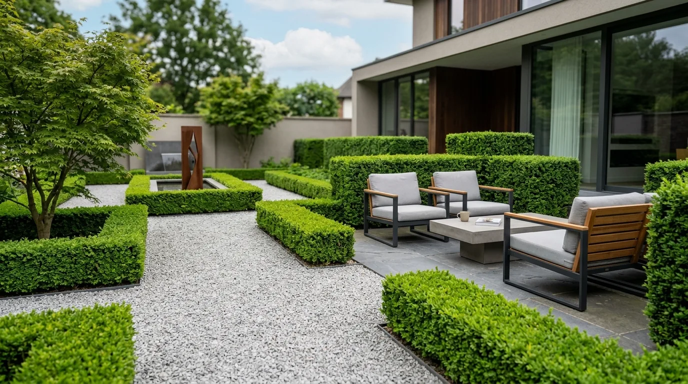 Minimalist Garden With Trimmed Hedges